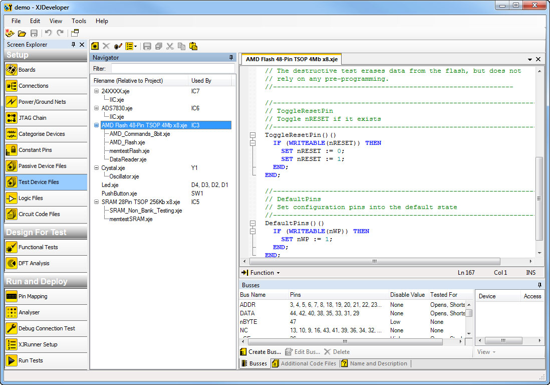 XJDeveloper screenshot, showing the high-level language used to create a connectivity test for a memory device XJDeveloper screenshot, showing the high-level language used to create a connectivity test for a memory device